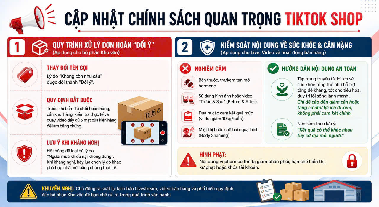 Cập nhật chính sách TikTok Shop: đơn hoàn 'Đổi ý' và nội dung sức khỏe
