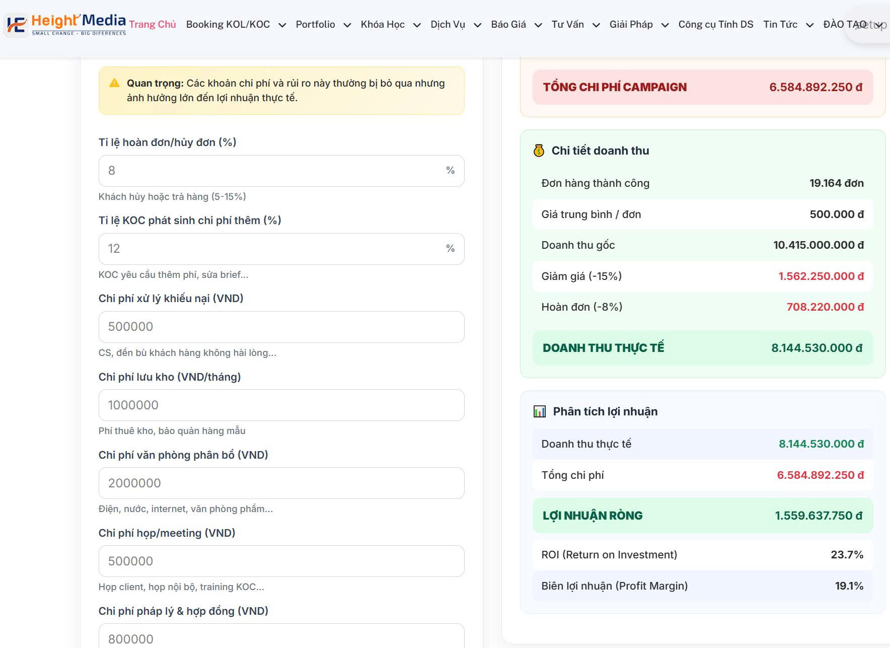 Review: Bộ Công Cụ Tính toán chi phí Lãi - Lỗ Cho các nhà bán hàng trên sàn TMĐT Của Height Media