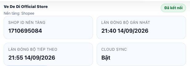 Thẻ kết nối Shopee trong Height OS hiển thị Đã kết nối, Cloud Sync bật và lịch đồng bộ