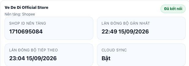 Thẻ Shopee trong Height OS: đã kết nối, Cloud Sync bật, đồng bộ lúc 22:49 ngày 15/09/2026